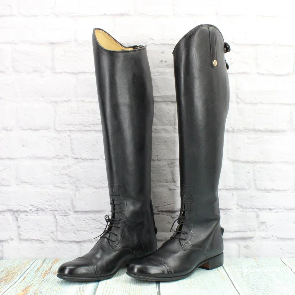 *Unbranded Black Leather Pull On Cap Toe Back Zipper Tall Boots Size 10.5 - Picture 2 of 9